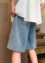 Modern Blue Embroideried Elastic Waist Denim Men Shorts Summer