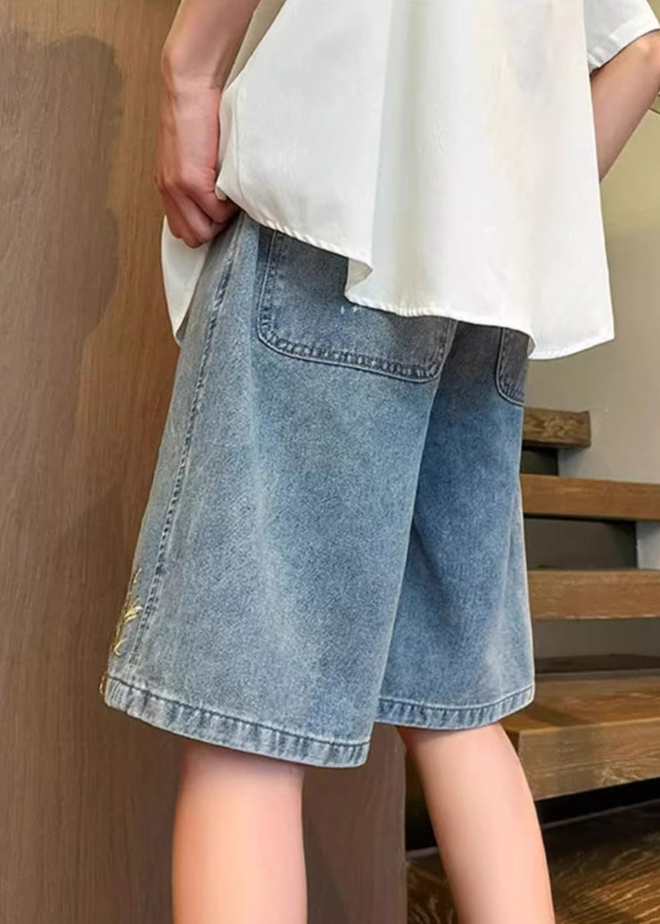 Modern Blue Embroideried Elastic Waist Denim Men Shorts Summer