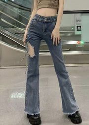 Modern Blue Hole Cinched High Waist Denim Pants Spring