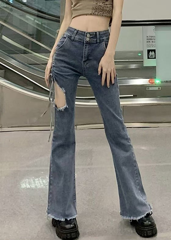 Modern Blue Hole Cinched High Waist Denim Pants Spring