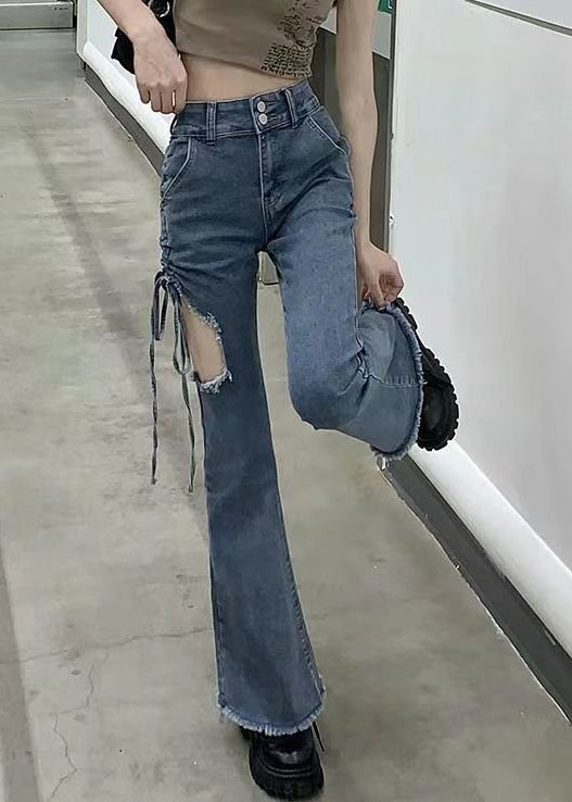 Modern Blue Hole Cinched High Waist Denim Pants Spring