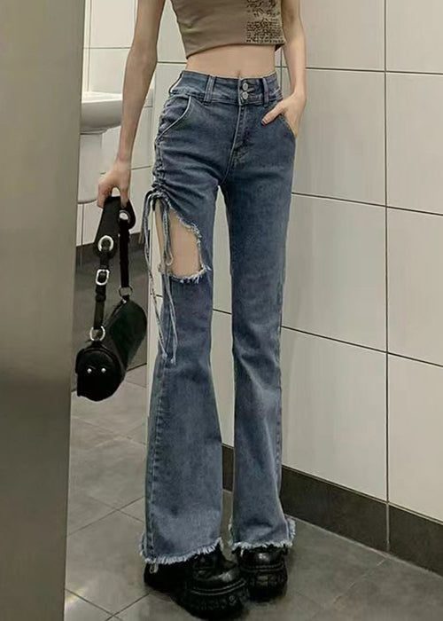 Modern Blue Hole Cinched High Waist Denim Pants Spring