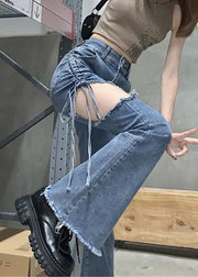 Modern Blue Hole Cinched High Waist Denim Pants Spring