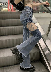 Modern Blue Hole Cinched High Waist Denim Pants Spring