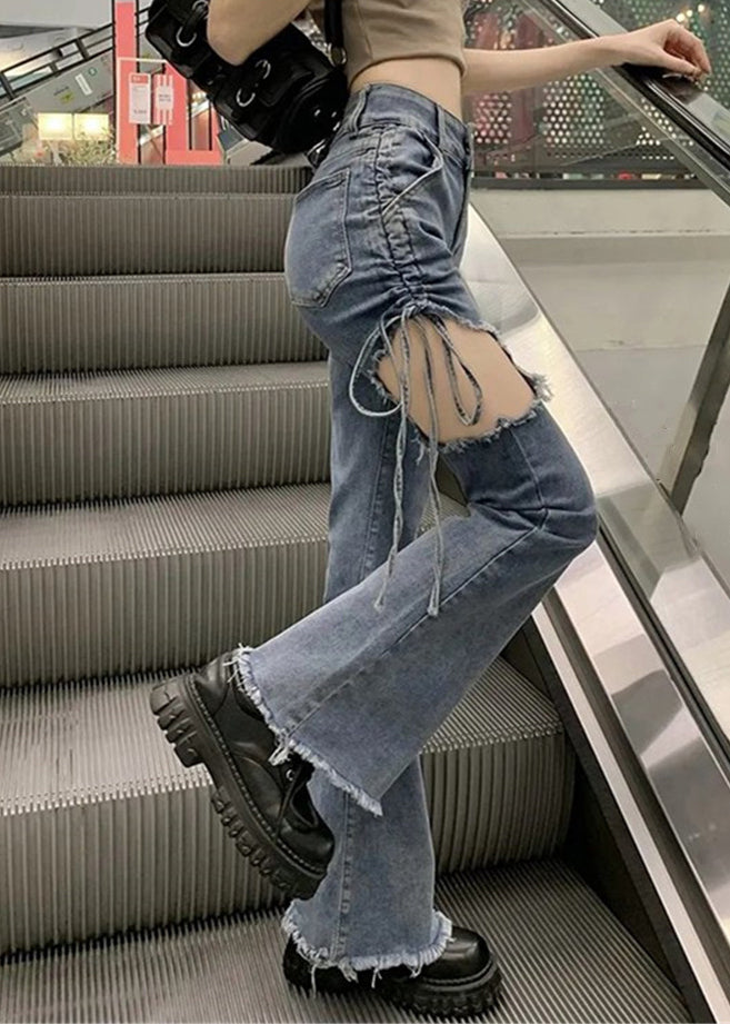 Modern Blue Hole Cinched High Waist Denim Pants Spring