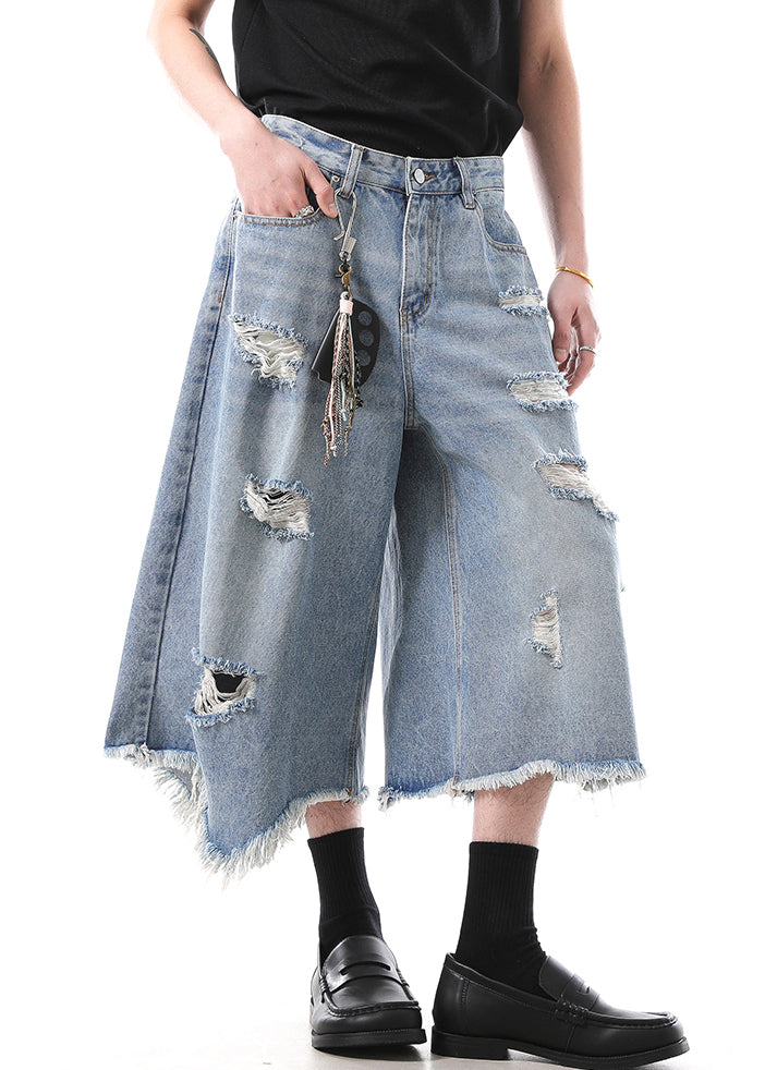 Modern Blue Hole High Waist Denim Men Crop Pants Summer