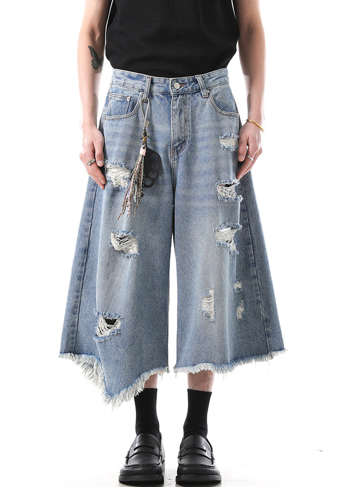 Modern Blue Hole High Waist Denim Men Crop Pants Summer