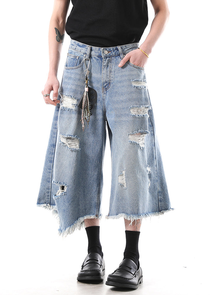 Modern Blue Hole High Waist Denim Men Crop Pants Summer