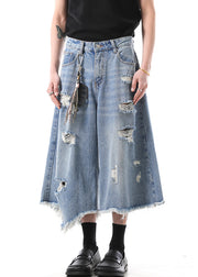 Modern Blue Hole High Waist Denim Men Crop Pants Summer