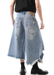 Modern Blue Hole High Waist Denim Men Crop Pants Summer