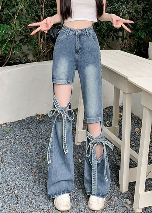 Modern Blue Hollow Out Lace Up Denim Pants Spring