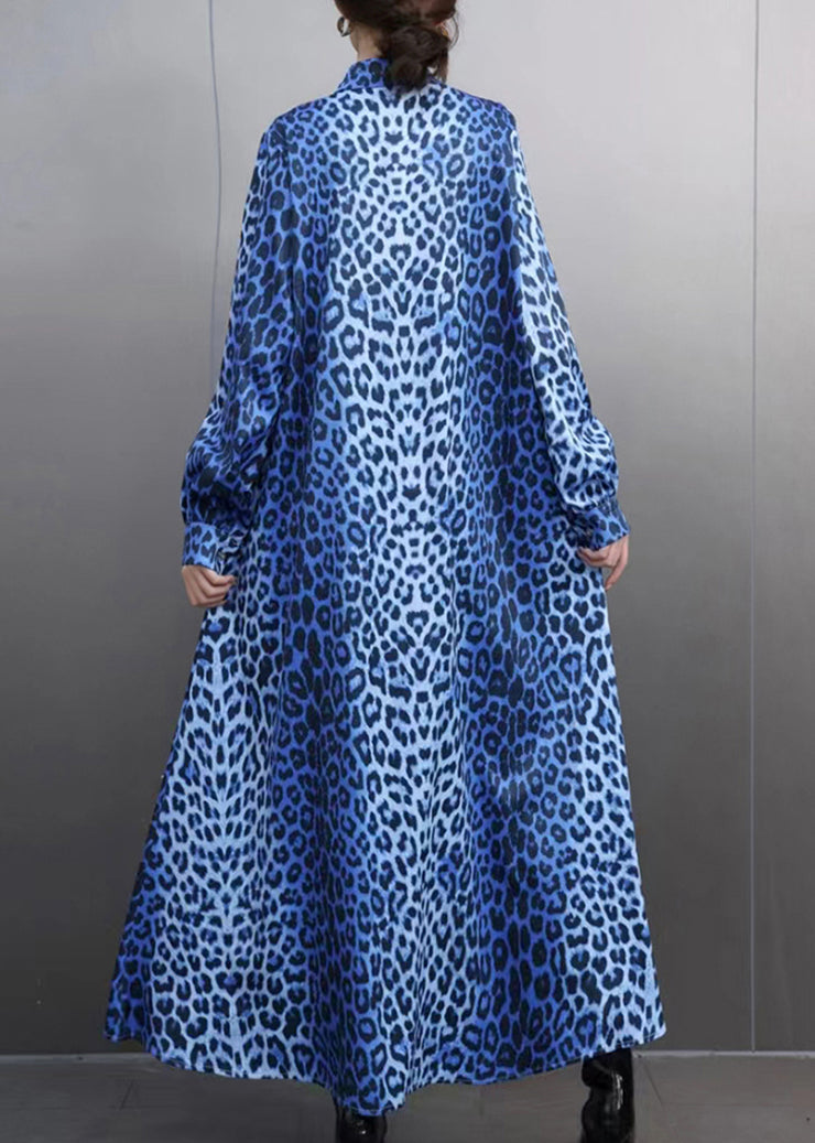 Modern Blue Leopard Print Button Maxi Shirts Dress Lantern Sleeve