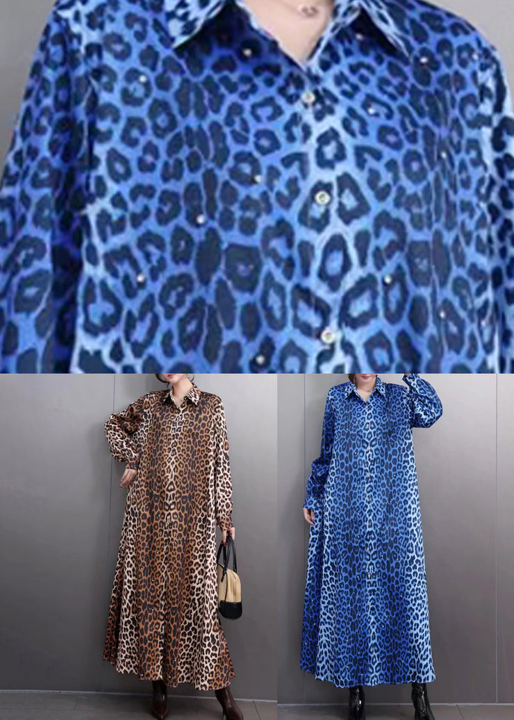 Modern Blue Leopard Print Button Maxi Shirts Dress Lantern Sleeve