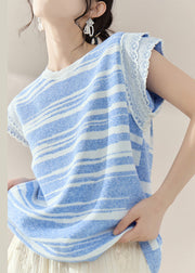 Modern Blue O-Neck Lace Patchwork Knit Tops Summer