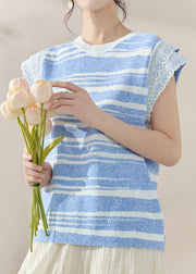 Modern Blue O-Neck Lace Patchwork Knit Tops Summer