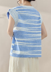 Modern Blue O-Neck Lace Patchwork Knit Tops Summer