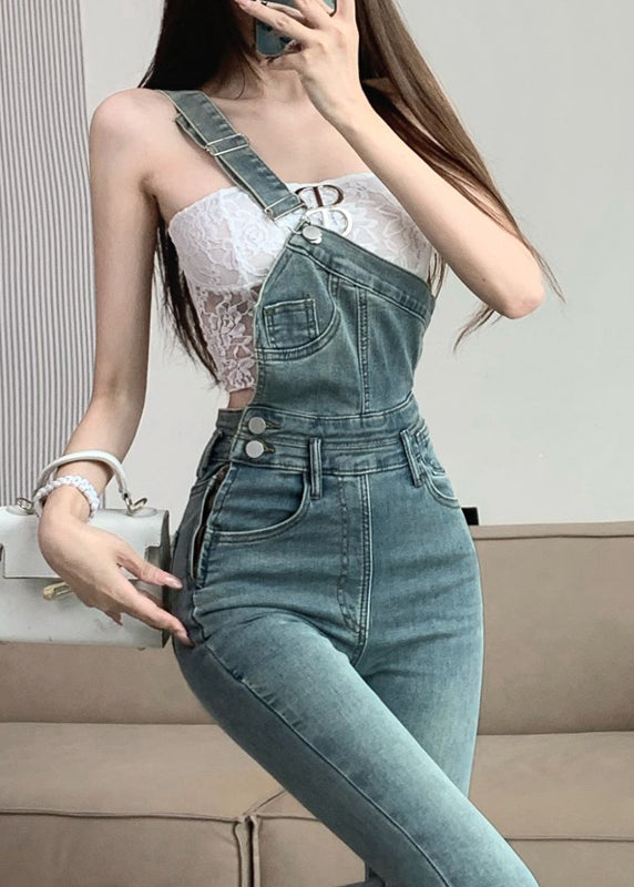 Modern Blue One Shoulder Denim Ripped Jeans Jumpsuit Fall