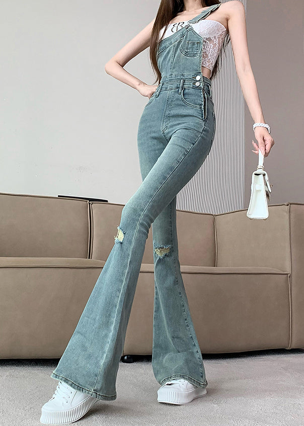 Modern Blue One Shoulder Denim Ripped Jeans Jumpsuit Fall