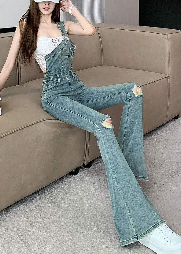 Modern Blue One Shoulder Denim Ripped Jeans Jumpsuit Fall