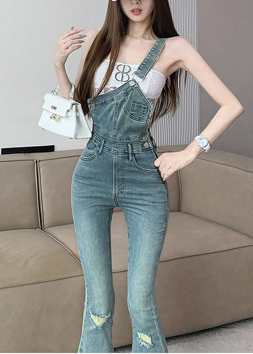 Modern Blue One Shoulder Denim Ripped Jeans Jumpsuit Fall
