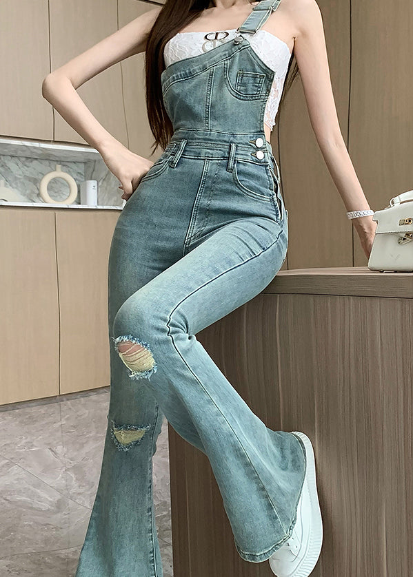 Modern Blue One Shoulder Denim Ripped Jeans Jumpsuit Fall