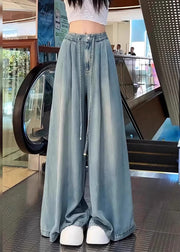 Modern Blue Oversized Drawstring Denim Wide Leg Pants Fall