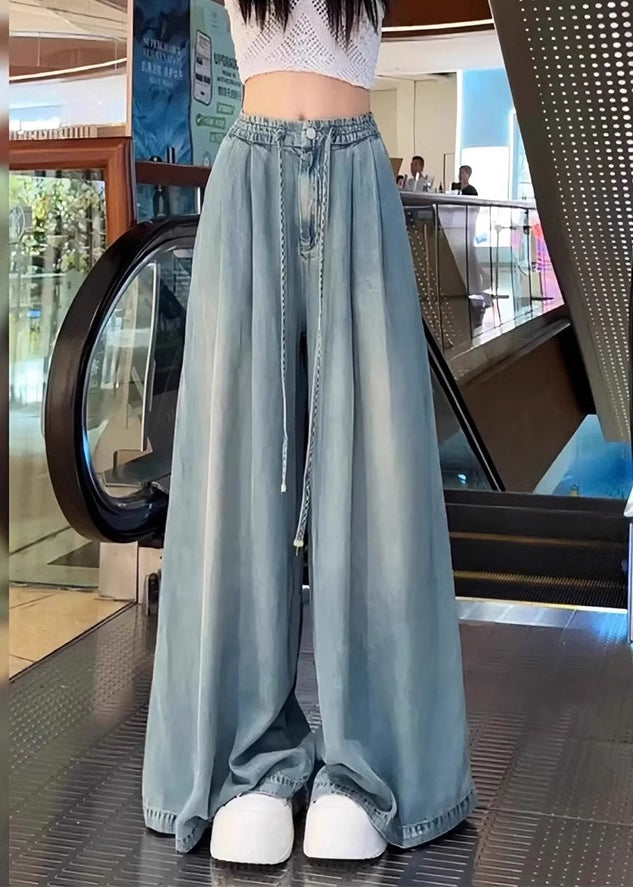 Modern Blue Oversized Drawstring Denim Wide Leg Pants Fall