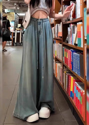 Modern Blue Oversized Drawstring Denim Wide Leg Pants Fall