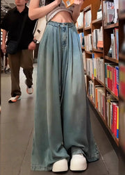 Modern Blue Oversized Drawstring Denim Wide Leg Pants Fall