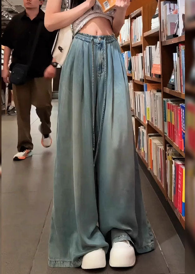 Modern Blue Oversized Drawstring Denim Wide Leg Pants Fall