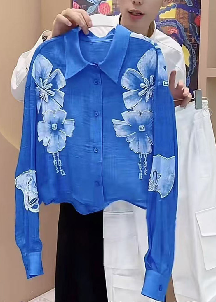 Modern Blue Peter Pan Collar Floral Cotton Blouses Fall