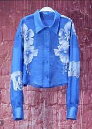 Modern Blue Peter Pan Collar Floral Cotton Blouses Fall
