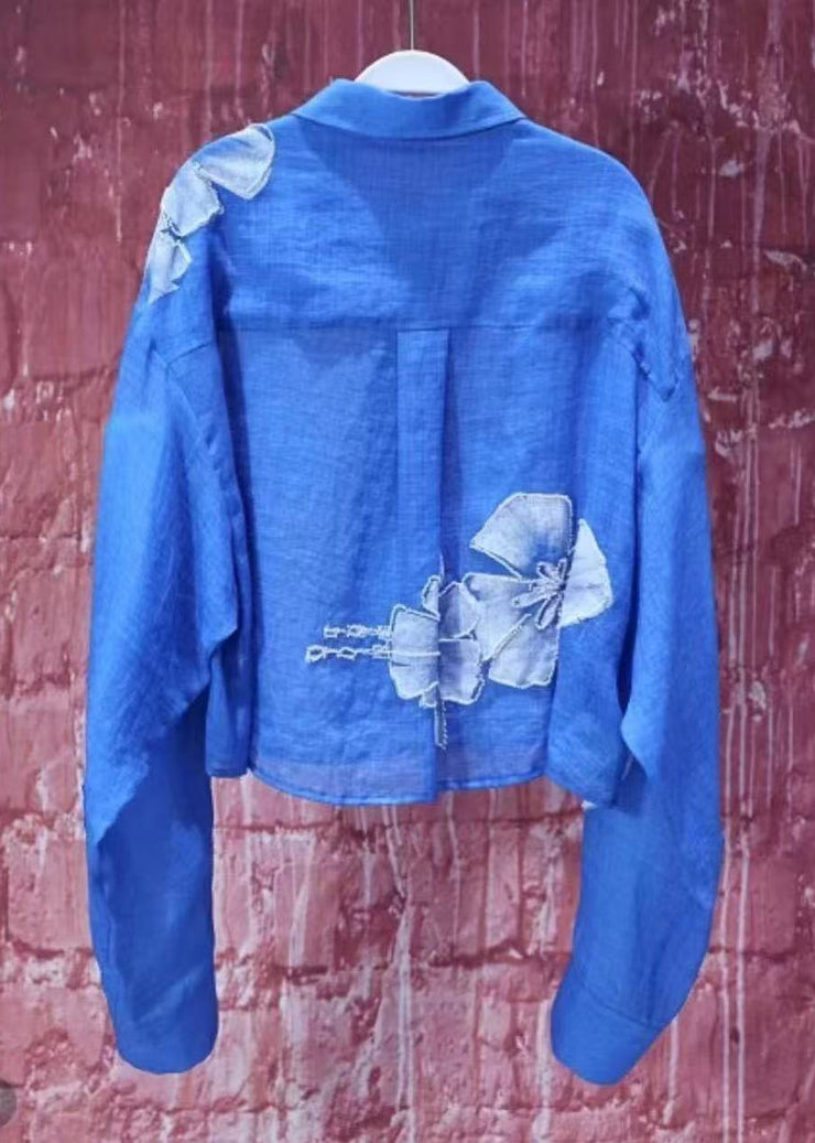 Modern Blue Peter Pan Collar Floral Cotton Blouses Fall