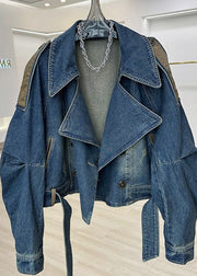 Modern Blue Peter Pan Collar Pockets Patchwork Denim Coat Fall
