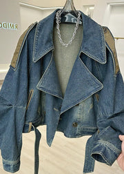 Modern Blue Peter Pan Collar Pockets Patchwork Denim Coat Fall