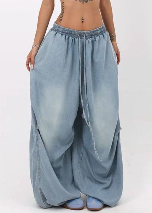 Modern Blue Pockets Elastic Waist Denim Wide Leg Pants Summer