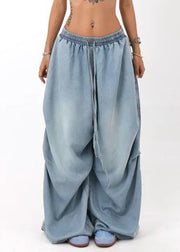 Modern Blue Pockets Elastic Waist Denim Wide Leg Pants Summer