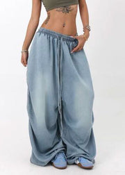 Modern Blue Pockets Elastic Waist Denim Wide Leg Pants Summer