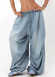 Modern Blue Pockets Elastic Waist Denim Wide Leg Pants Summer