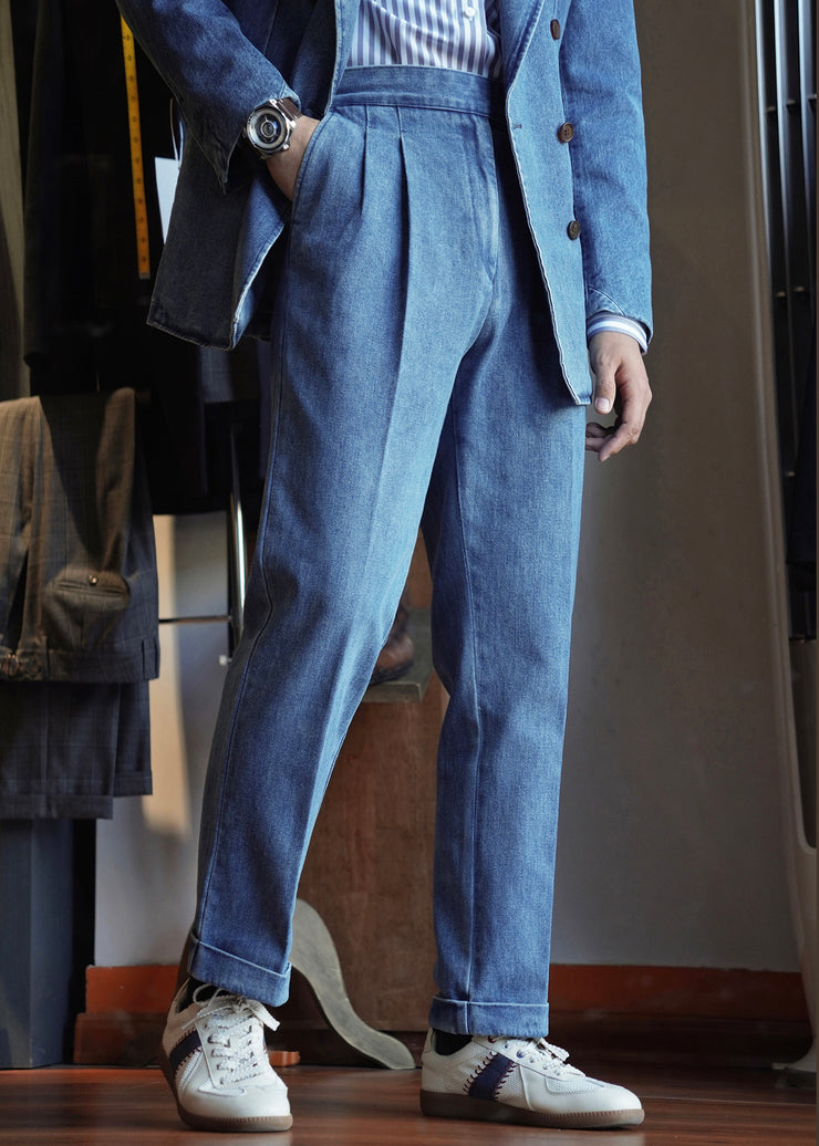 Modern Blue Pockets High Waist Denim Men Straight Pants Fall