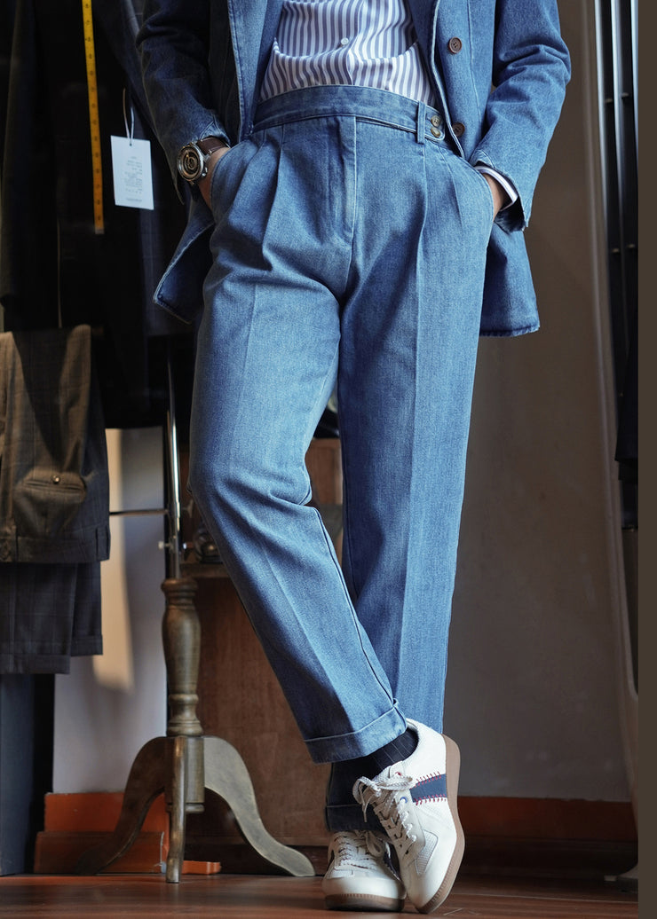 Modern Blue Pockets High Waist Denim Men Straight Pants Fall