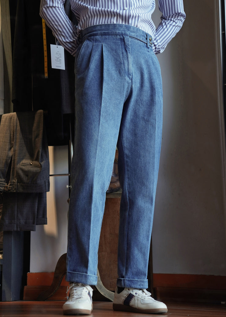Modern Blue Pockets High Waist Denim Men Straight Pants Fall
