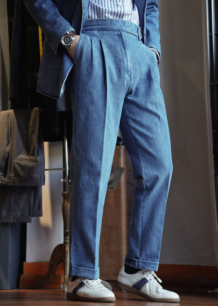 Modern Blue Pockets High Waist Denim Men Straight Pants Fall