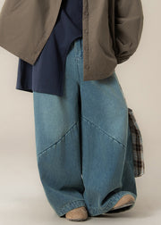 Modern Blue Pockets High Waist Patchwork Denim Wide Leg Pants
