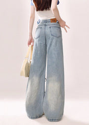 Modern Blue Pockets Lace Up High Waist Denim Pants Fall