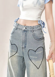 Modern Blue Pockets Lace Up High Waist Denim Pants Fall
