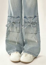Modern Blue Pockets Lace Up High Waist Denim Pants Fall
