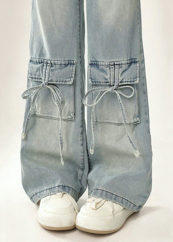 Modern Blue Pockets Lace Up High Waist Denim Pants Fall