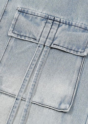 Modern Blue Pockets Lace Up High Waist Denim Pants Fall