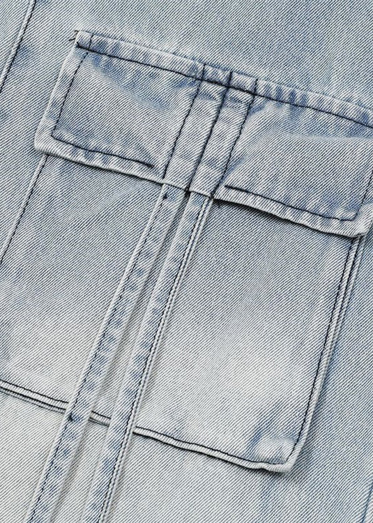 Modern Blue Pockets Lace Up High Waist Denim Pants Fall